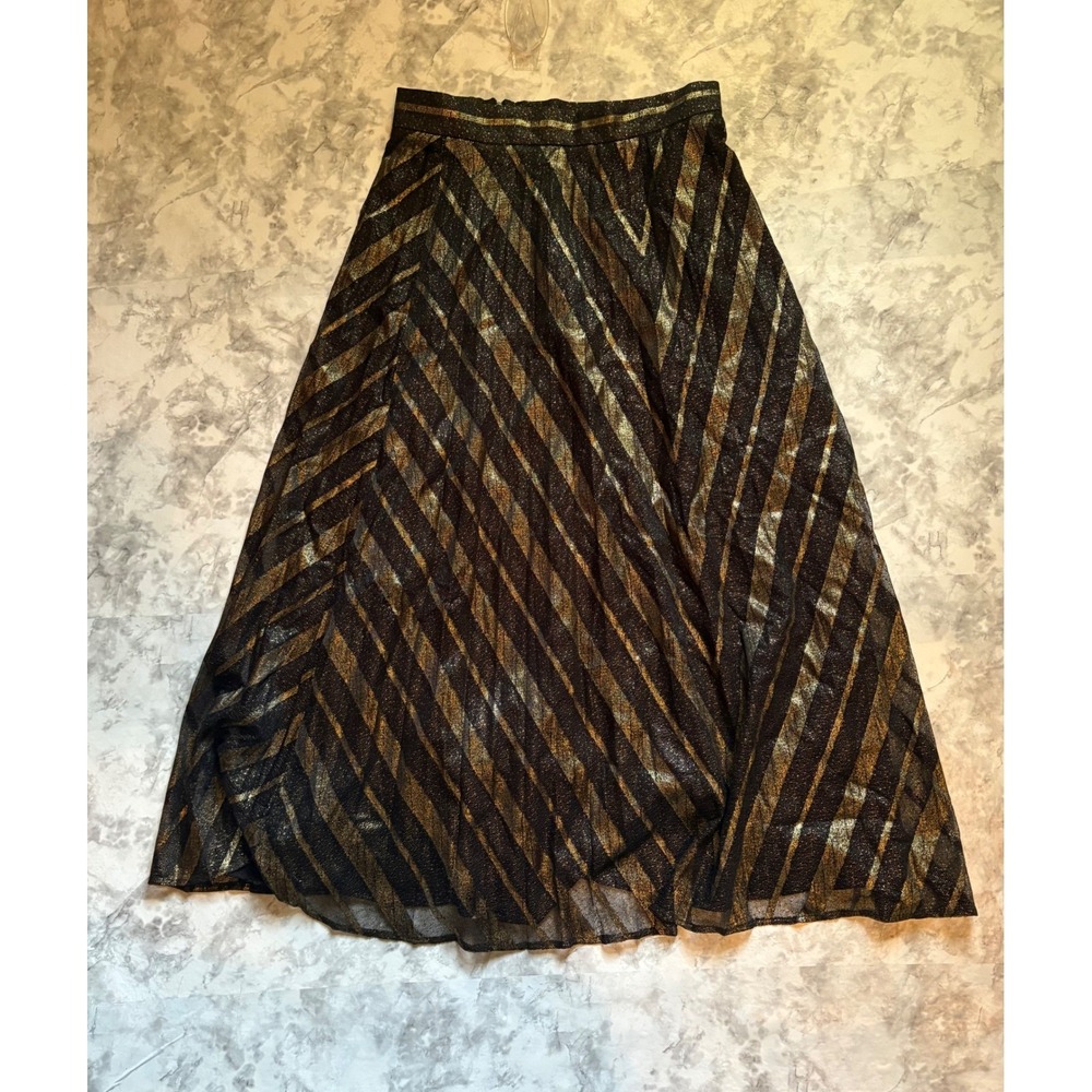 Zara Basic Collection Midi Skirt‎ Gold Metallic Black Chevron Pleated S